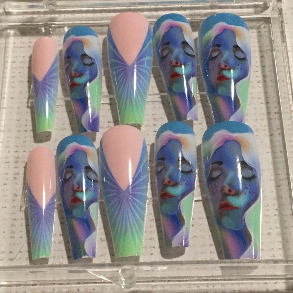 24 pc Glossy Mermaid Girl Long Coffin Press On Nails Set